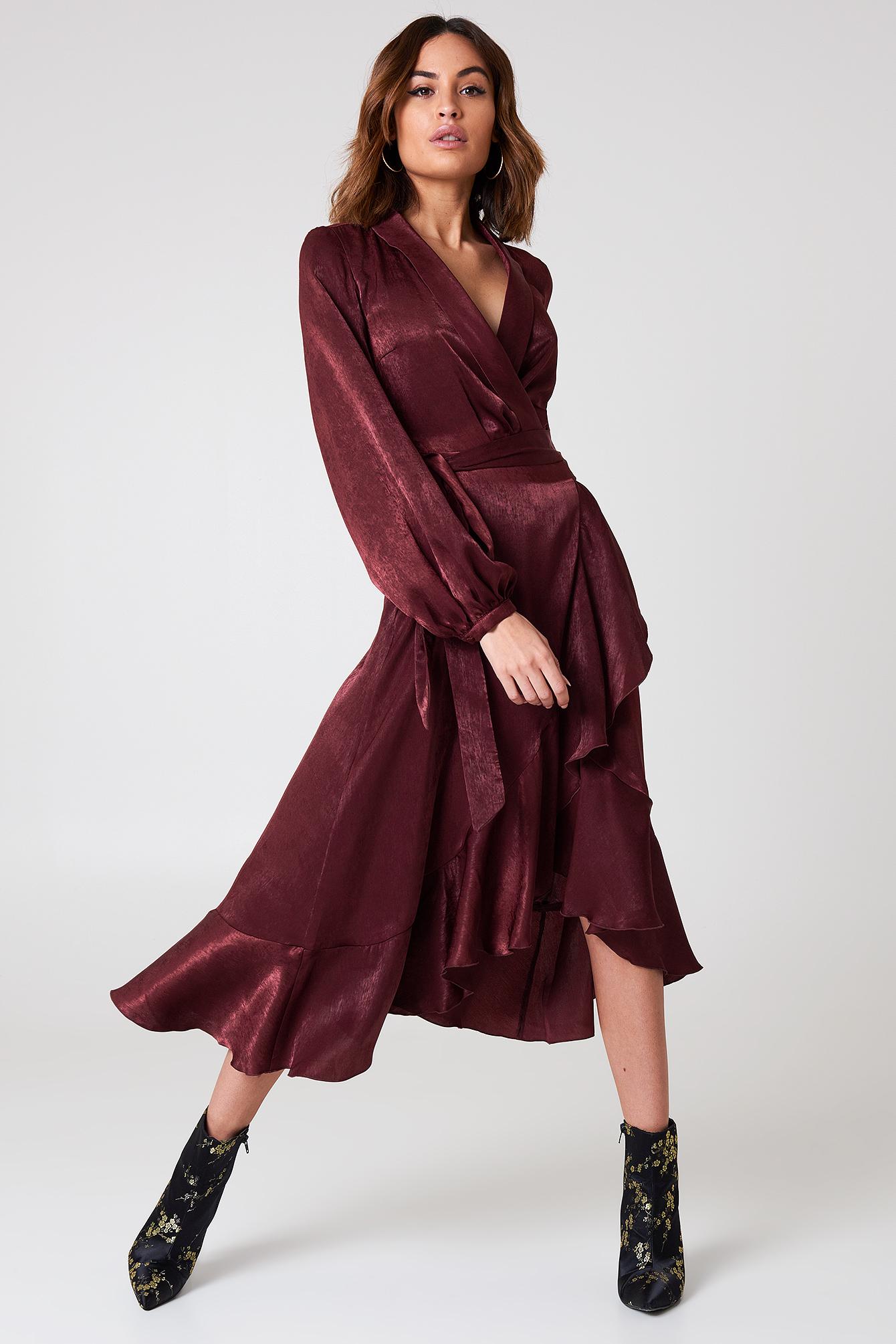 wrap over satin frill dress