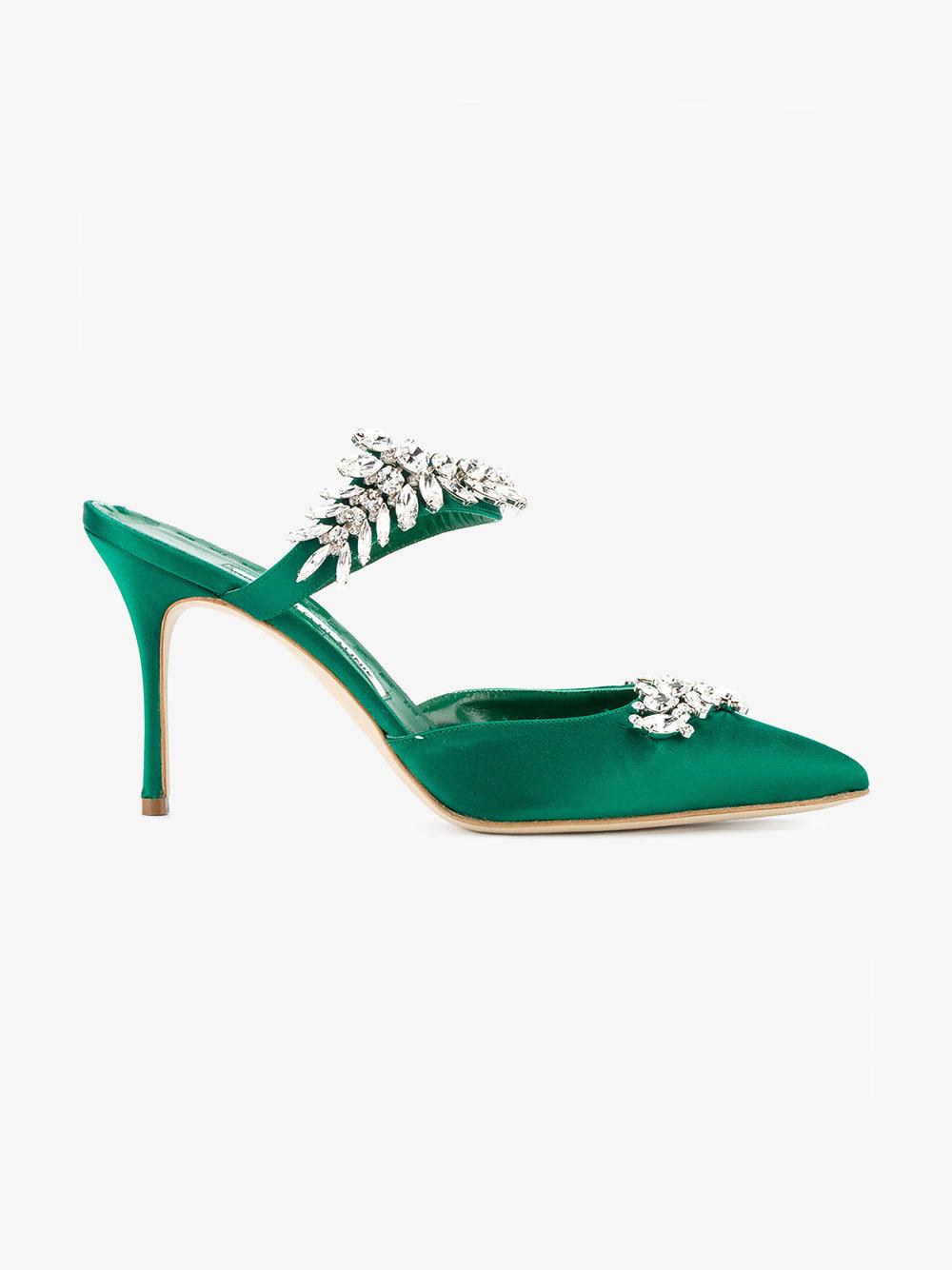 Manolo Blahnik Green Lurum 90 Crystal Embellished Mules | ModeSens