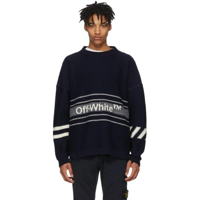 Shop Off-white Navy Intarsia Logo Sweater