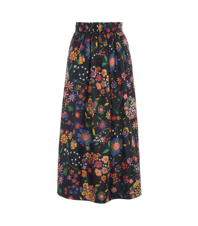 Shop Tibi Floral Smocked Waistband Skirt In Navy Multi
