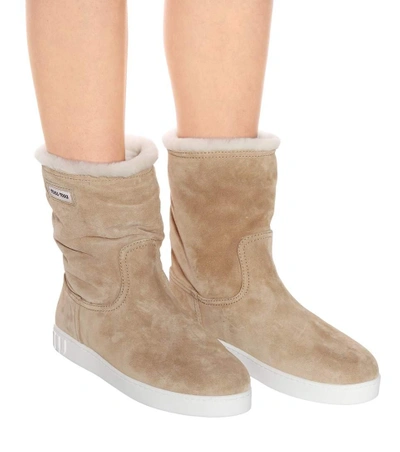Shop Miu Miu Suede And Shearling Ankle Boots In Beige