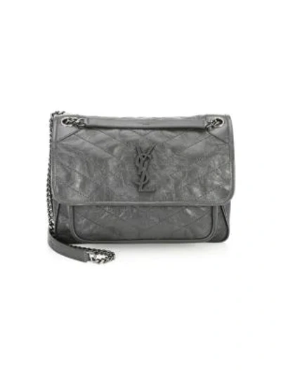 Shop Saint Laurent Medium Niki Crinkle Leather Nickel Hardware Flap Bag In Anthracite