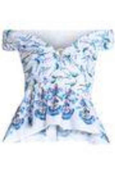 Shop Peter Pilotto Off-the-shoulder Printed Cotton-poplin Peplum Top In White