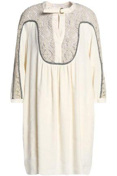 Shop Chloé Woman Guipure Lace-paneled Linen And Silk-blend Dress Ecru