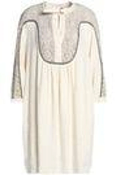 Shop Chloé Woman Guipure Lace-paneled Linen And Silk-blend Dress Ecru