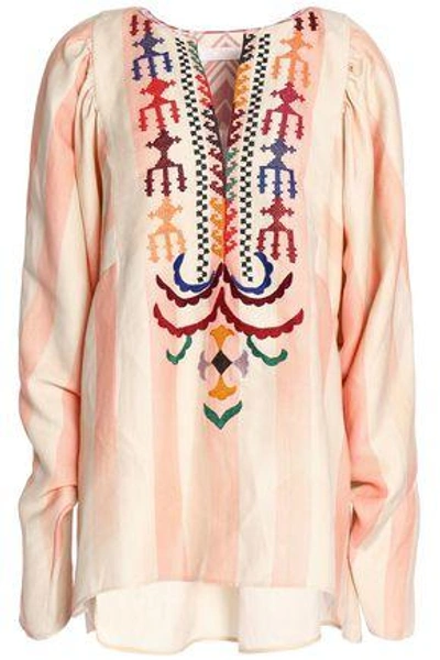 Shop Chloé Woman Embroidered Striped Linen And Silk-blend Tunic Beige