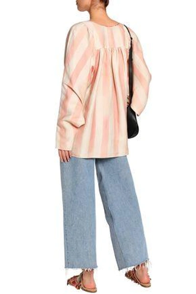 Shop Chloé Woman Embroidered Striped Linen And Silk-blend Tunic Beige