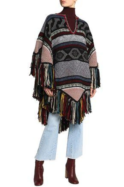 Chloé Woman Fringe-trimmed Wool-blend Jacquard Poncho Multicolor In Multicolor