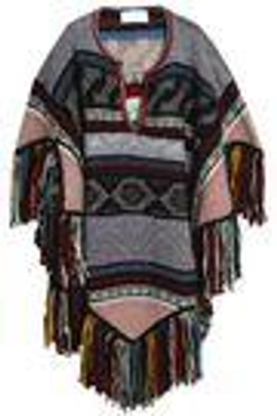 Shop Chloé Woman Fringe-trimmed Wool-blend Jacquard Poncho Multicolor