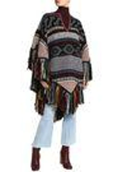 Shop Chloé Woman Fringe-trimmed Wool-blend Jacquard Poncho Multicolor