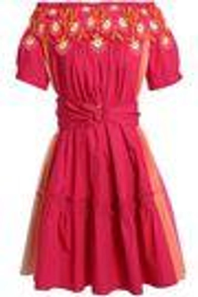 Shop Peter Pilotto Woman Off-the-shoulder Appliquéd Color-block Cotton-poplin Dress Fuchsia