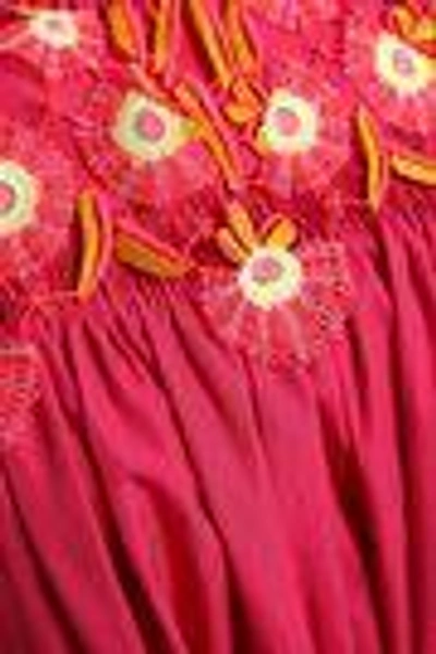 Shop Peter Pilotto Woman Off-the-shoulder Appliquéd Color-block Cotton-poplin Dress Fuchsia