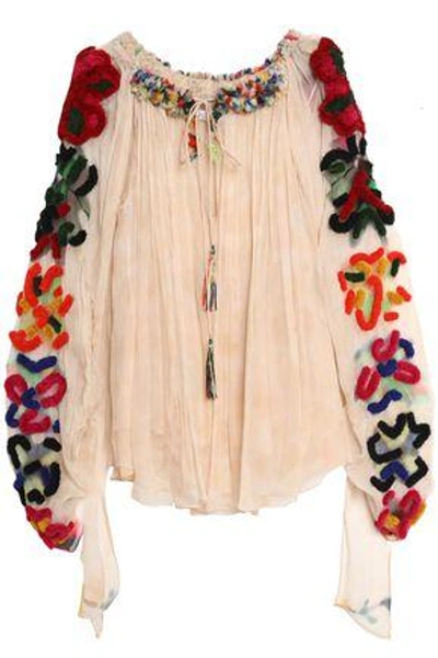 Shop Chloé Woman Appliquéd Silk-georgette Tunic Beige