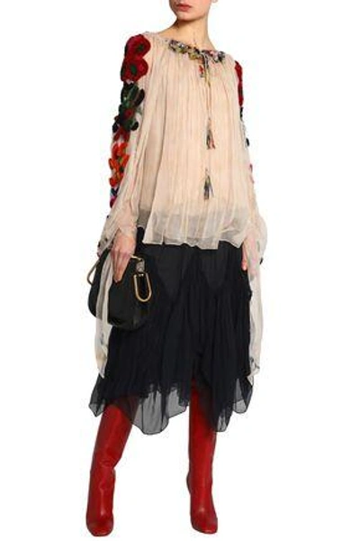 Shop Chloé Woman Appliquéd Silk-georgette Tunic Beige
