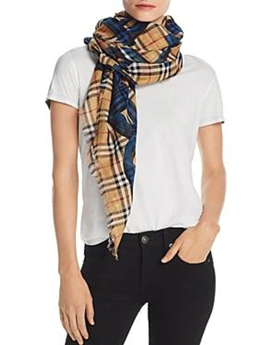 Shop Burberry Marker Text Check Gauze Scarf In Multi