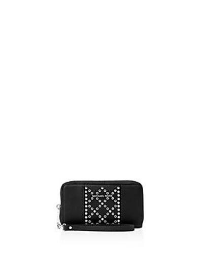 Shop Michael Michael Kors Multi-function Flat Stud Large Smartphone Wristlet In Black/silver