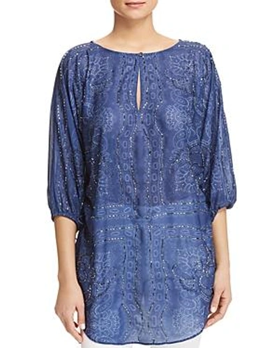 Shop T Tahari Mosey Bead-accented Paisley-print Blouse In Blue