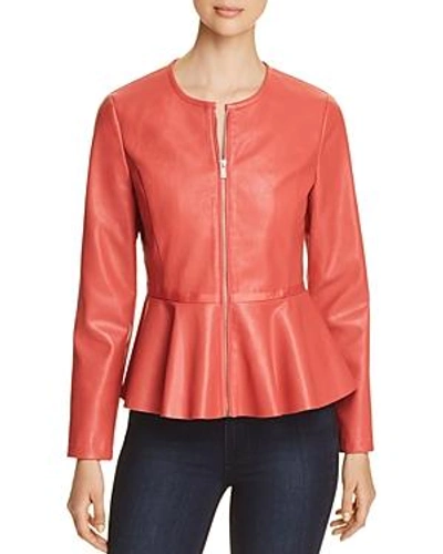 Shop Bagatelle Perforated Faux-leather Peplum Jacket In Coral