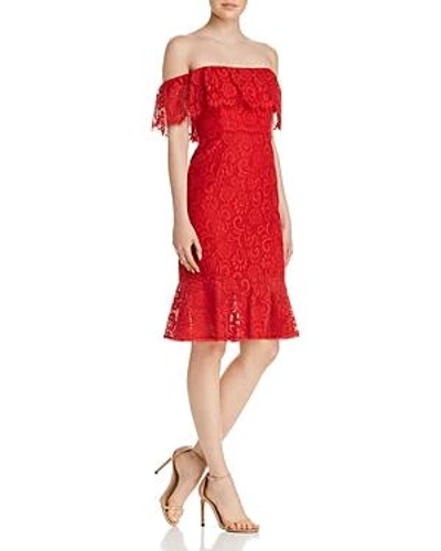 Shop Bcbgmaxazria Off-the-shoulder Lace Dress In Burnt Red