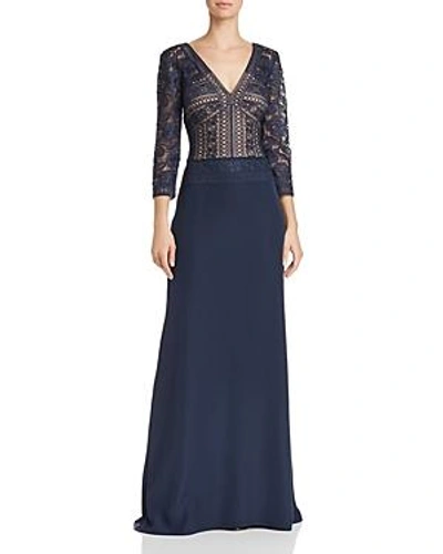 Shop Tadashi Shoji Embroidered Illusion Lace Gown In Navy/nude