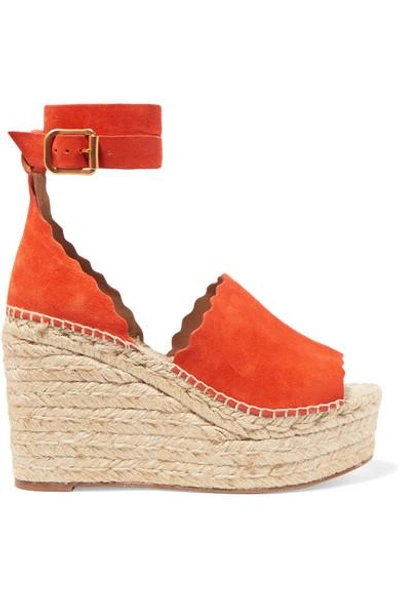 Shop Chloé Lauren Scalloped Suede Espadrille Wedge Sandals In Orange