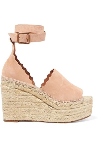 Shop Chloé Lauren Scalloped Suede Espadrille Wedge Sandals In Beige