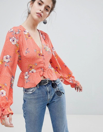 Shop Neon Rose Tea Blouse With Tie Sleeves In Spot Floral - Red