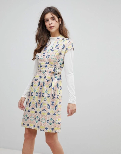 Shop Liquorish Cap Sleeve Geoprint Dress With D-ring And Attached Belt-multi