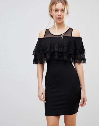 Shop Girls On Film Cold Shoulder Midi Dress With Tipped Frill - Black