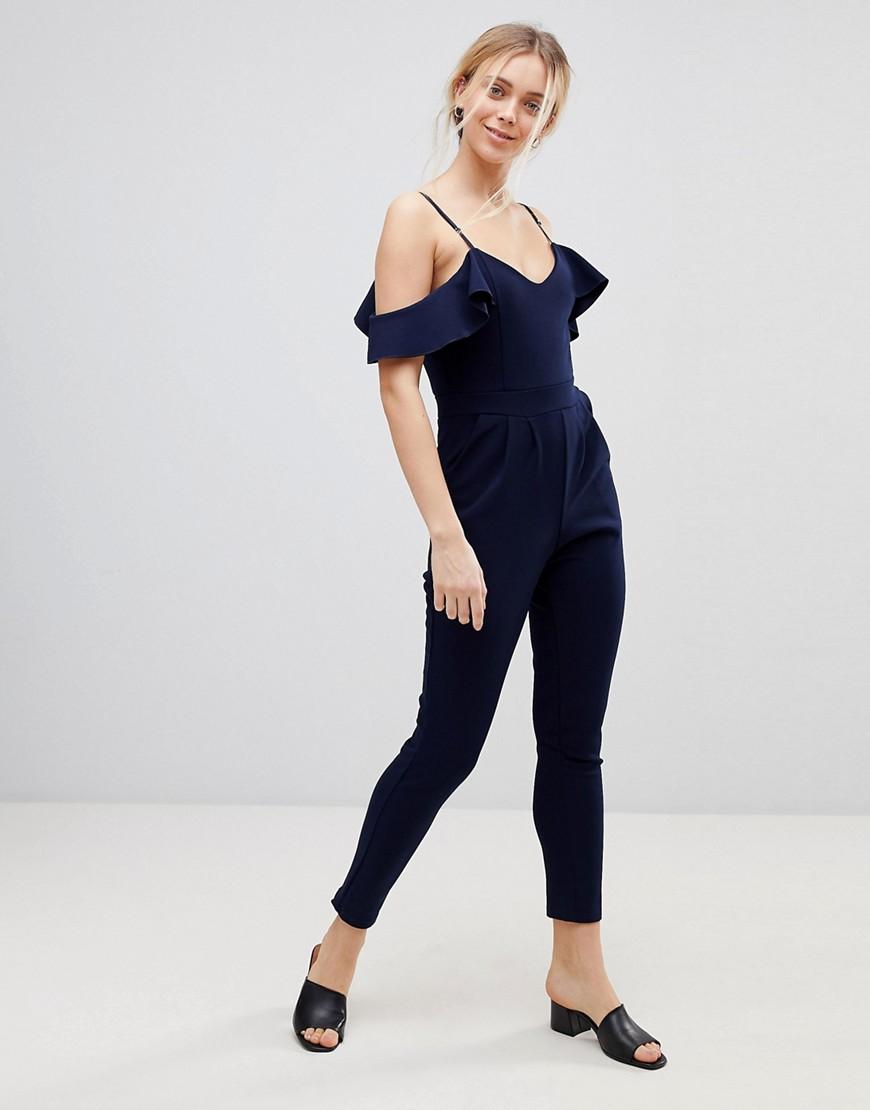 Girls On Film Cold Shoulder Jumpsuit With Frilled Sleeve Detail Navy Modesens