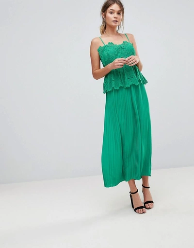 Shop Liquorish Pleated Midi Slip Dress With Lace Detail-green