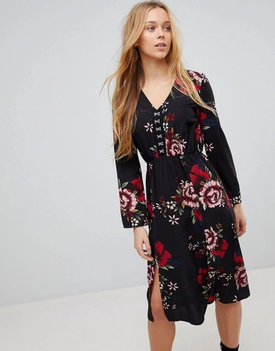 Shop Girls On Film Floral Midi Dress With Hook And Eye Fastening - Black