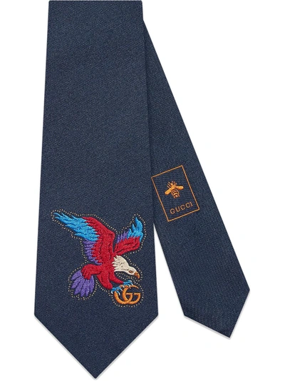 Shop Gucci Eagle Embroidered Silk Tie - Blue
