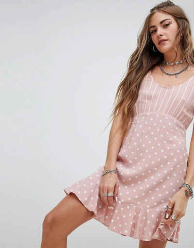 Shop Motel Tea Dress In Spot And Stripe Print-pink