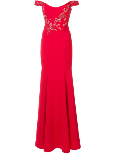 Shop Marchesa Notte Embroidered Bardot Dress In Red