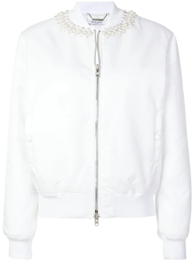 Shop Givenchy Ribbed Pearl-embellished Neck Baseball-style Jacket - White