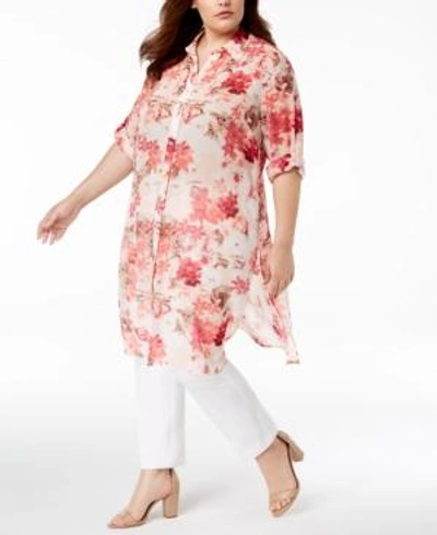 Shop Calvin Klein Plus Size Floral-print Tunic Shirt, Created For Macy's In Porcelain Rose Combo