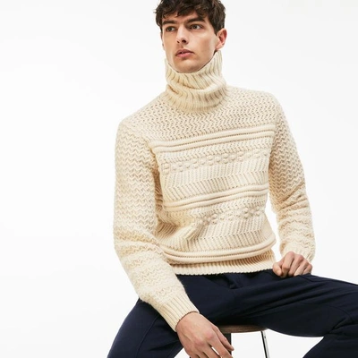 Men s Live Cable Knit Wool Turtleneck Sweater In Cliff White