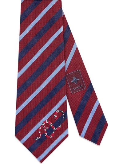 Shop Gucci Striped Silk Tie With Kingsnake - Red