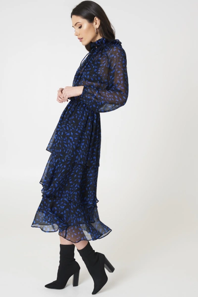 Shop Na-kd High Neck Frill Midi Dress - Blue,multicolor In Black/blue Pattern