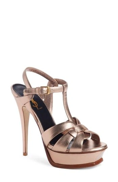 Shop Saint Laurent Tribute Metallic Platform Sandal In Blush Metal