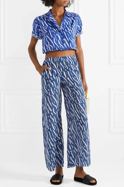 Shop Double Rainbouu Cropped Printed Cotton-voile Shirt In Blue