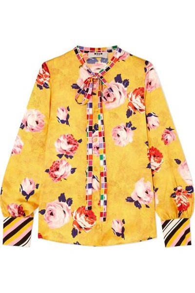 Shop Msgm Floral-print Satin Blouse In Yellow