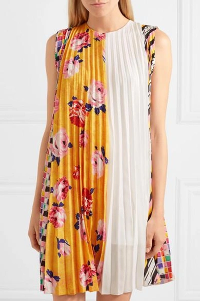 Shop Msgm Pleated Printed Crepe Mini Dress In Yellow