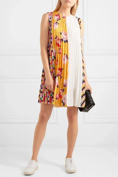 Shop Msgm Pleated Printed Crepe Mini Dress In Yellow