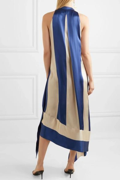 Shop Petar Petrov Asymmetric Striped Silk-satin Midi Dress In Royal Blue
