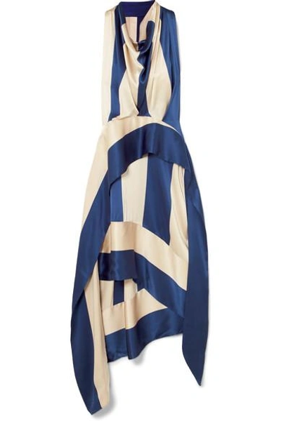 Shop Petar Petrov Asymmetric Striped Silk-satin Midi Dress In Royal Blue