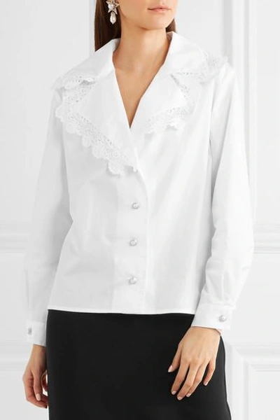 Shop Alessandra Rich Lace-trimmed Cotton-poplin Shirt In White