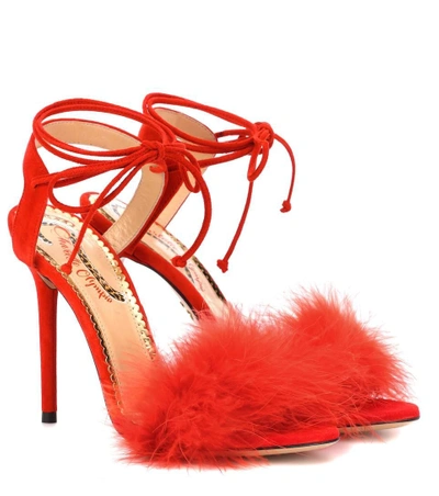 Shop Charlotte Olympia Salsa 110 Feather-trimmed Sandals In Red