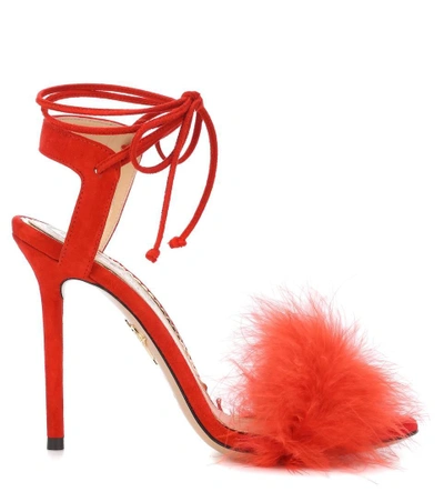 Shop Charlotte Olympia Salsa 110 Feather-trimmed Sandals In Red